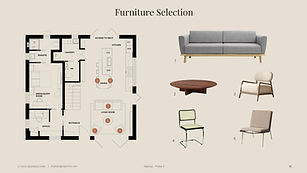 Furniture selection board featuring contemporary and mid-century modern style furniture and their placement onto the floor plan. Realised by Studio Bagnaschino, as part of an online interior design project.