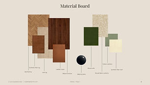 Material board realised by Studio Bagnaschino, as part of an interior design presentation, with different tones of woods, leather fabric in cognac colour, green fabric, warm white fabric, black steel.
