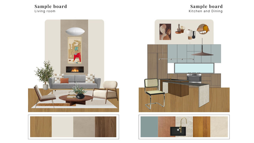 Living room and kitchen, with microcement, bamboo flooring, dekton countertops for a mid-century interior family home.