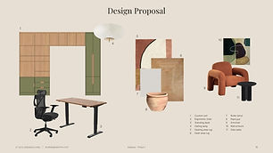 Schematic design proposal with custom-designed built-in cabinet, desk, chairs, rugs, decor, realised by Studio Bagnaschino, as part of an online interior design project for home offices.