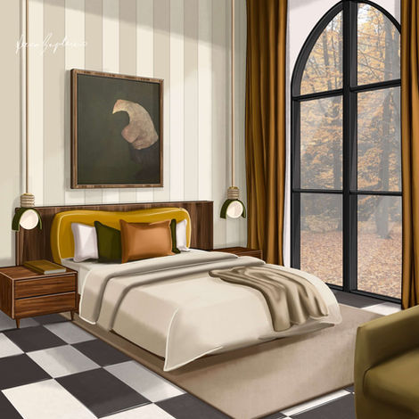 A hand-drawn digital sketch of a bedroom, black and white chequerboard floor tiles, wallpaper in neutral colours vertical stripes, a muted yellow-green velvet armchair, bed with neutral sheets and cushions in white, green and orange, a yellow mustard velvet headboard against a walnut headboard fixed on wall, contemporary pendant lamps at the sides of the bed over two walnut night stands, a painting hang over the bed with a wooden frame, a black framed arched window, autumn wood outdoors.