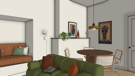 3D view of a 1970s inspired dining room featuring round wooden dining table, cantilever chairs with chrome, green sofa, burnt orange sofa, geometric patterns