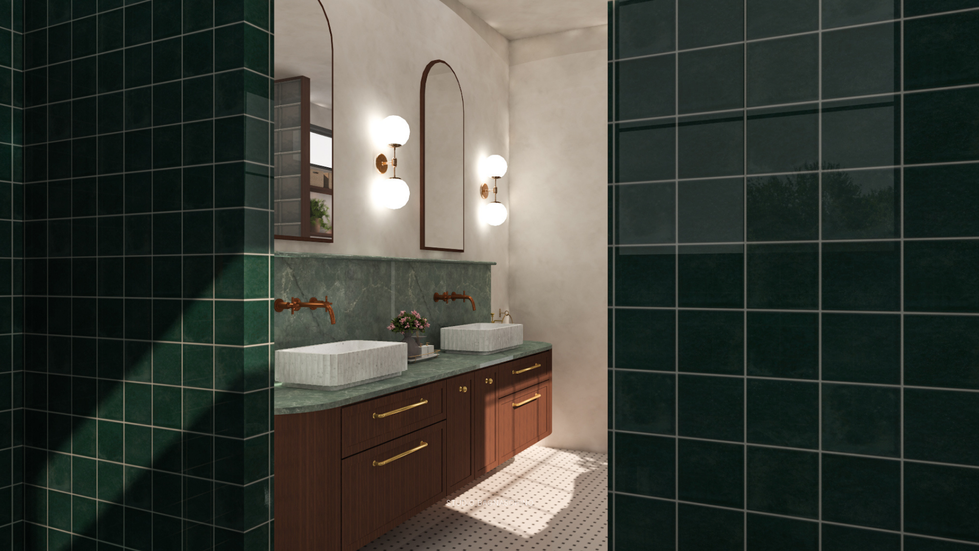 Renovated bathroom with copper freestanding bathtub, walnut cabinetry, natural stone, green mosaic tiles, walk-in shower, arched door
