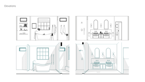 Elevation and technical drawings of a bathroom renovation project with freestanding bathtub and custom designed vanity.