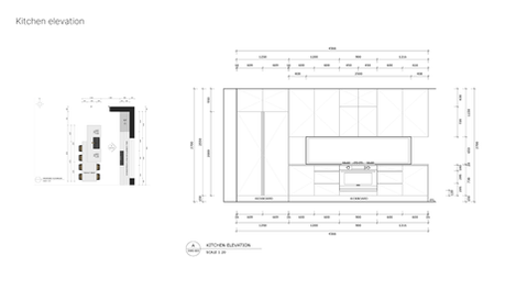Technical drawing of a custom-designed kitchen and its elevation