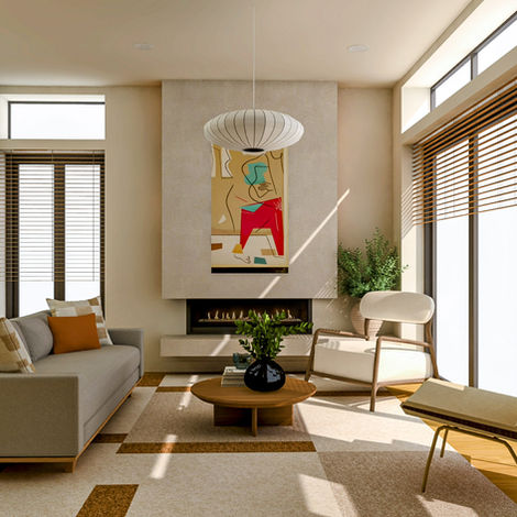 Living room with microcement walls and bamboo flooring in a mid-century interior family home.