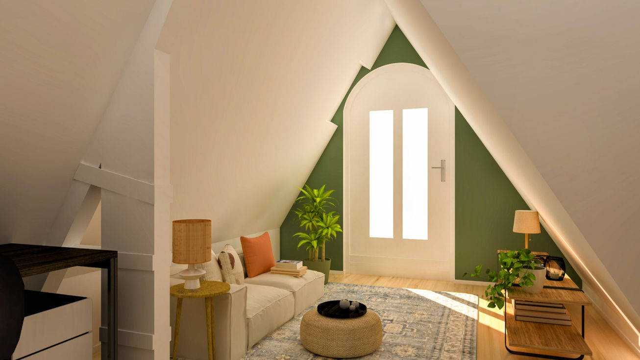Calming bonus room design with pitched ceiling, low furniture, and green wall.