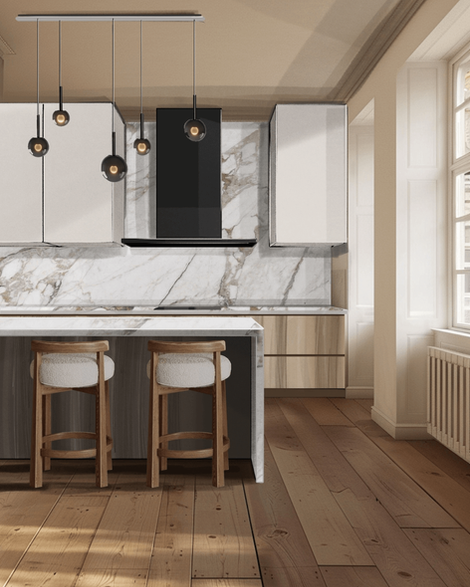 Hand-drawn digital interior sketch of a kitchen with marbles