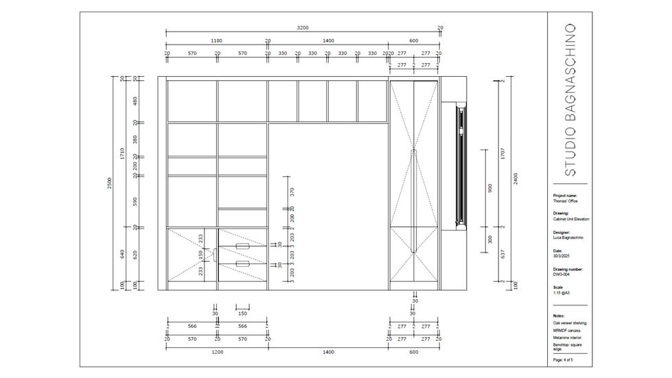 Elevation of custom-designed built-in cabinets for a Japandi home office design project.