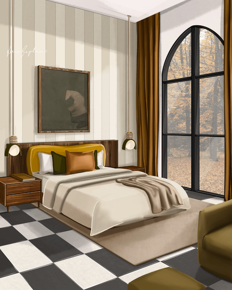 A hand-drawn digital sketch of a bedroom, black and white chequerboard floor tiles, wallpaper in neutral colours vertical str