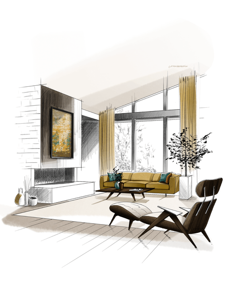 Hand-drawn digital interior sketch of a mid-century modern living room with fireplace