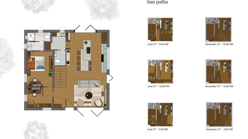 Textured floor plan and sun path study for a mid-century interior family home.