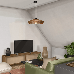 Open space with living room and dining room in an industrial boho rental apartment design project.