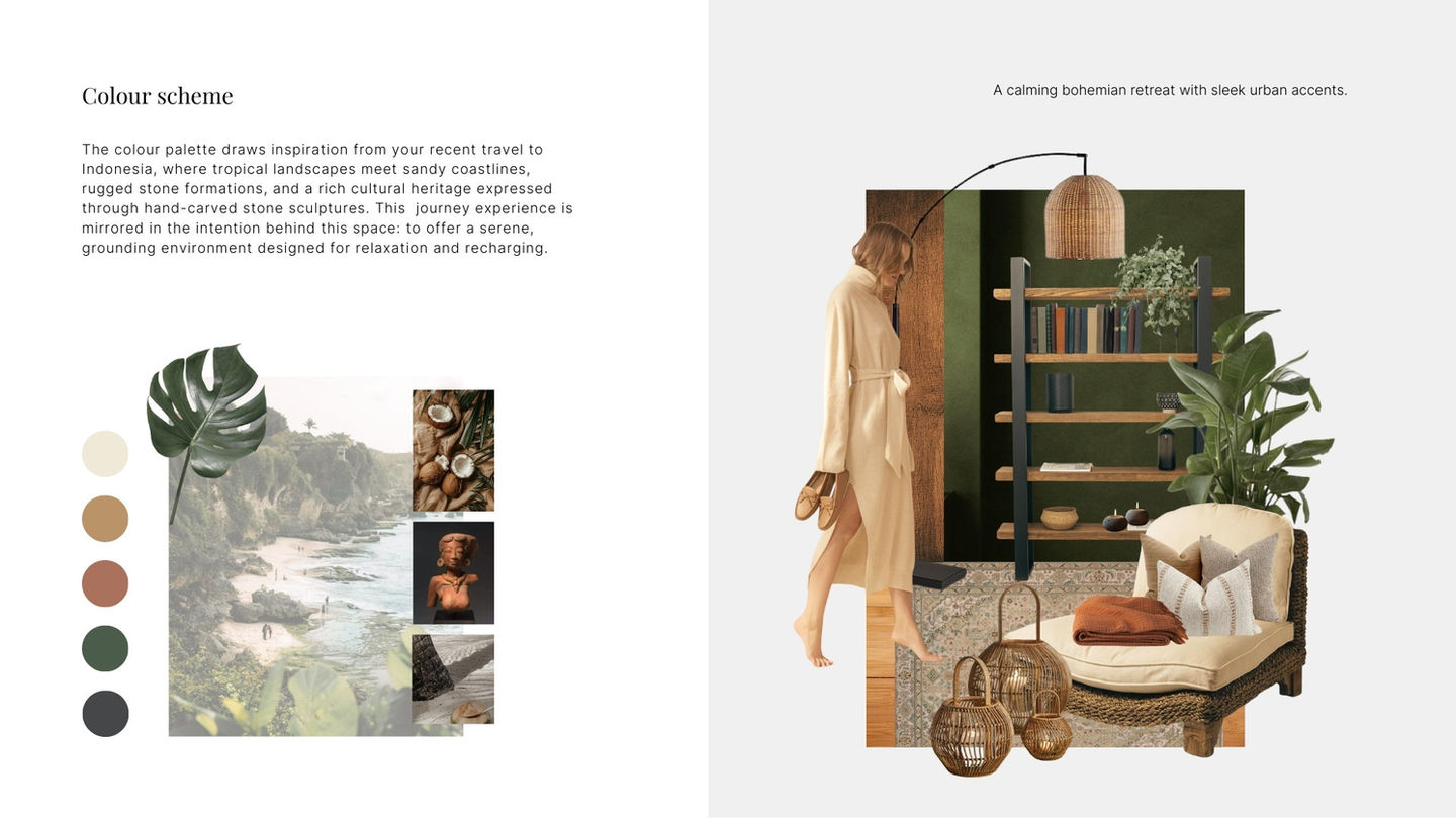 Bali-inspired colour palette and moodboard for a calming bonus room design project.