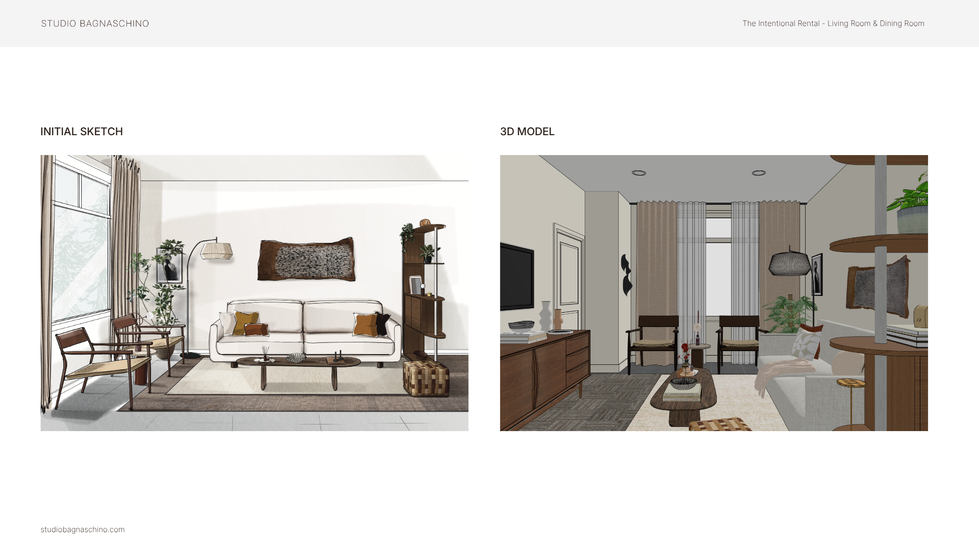 Hand-drawn sketch and 3D model view of an earthy, organic, modern, and cosy open-floor plan space