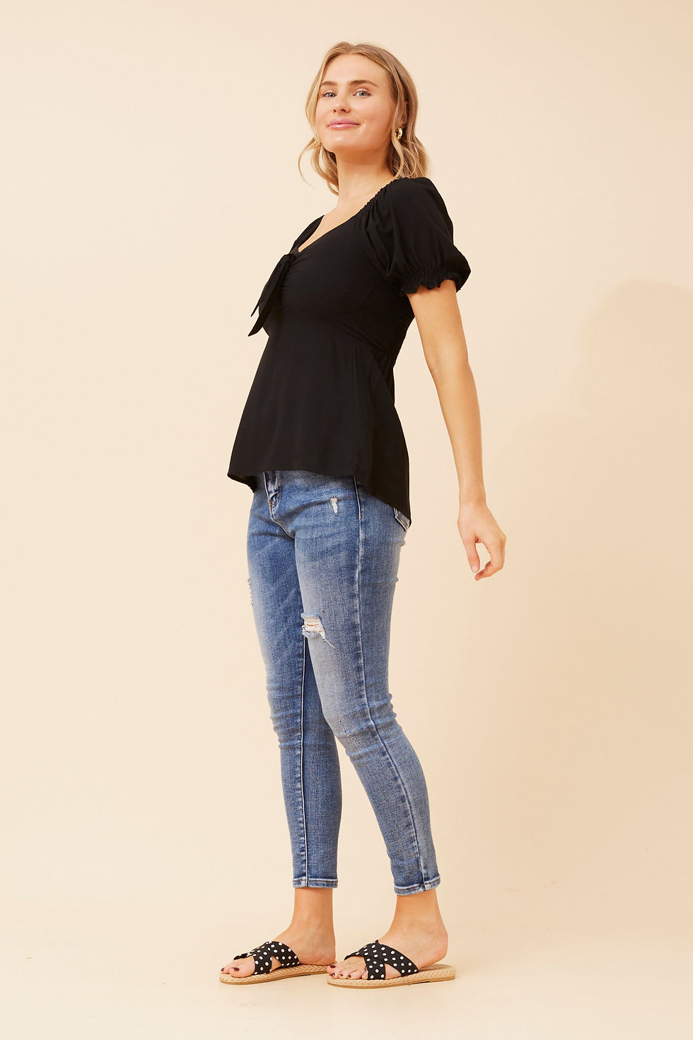 Thumbnail: Short Sleeve Top with Front Knot in Pink, Black or White