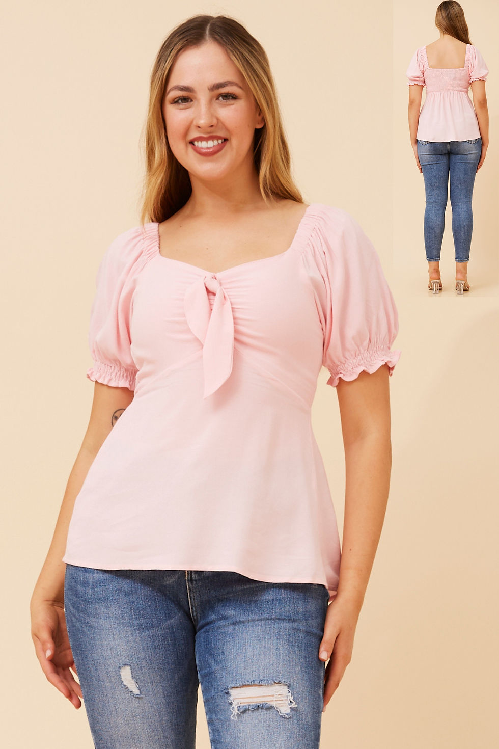 Thumbnail: Short Sleeve Top with Front Knot in Pink, Black or White