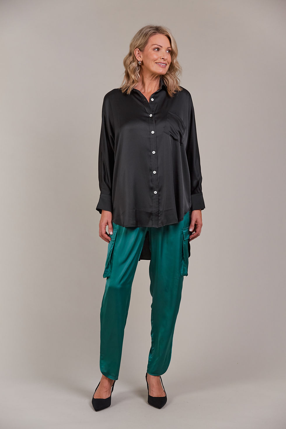 Thumbnail: Satin feel shiny button through shirt