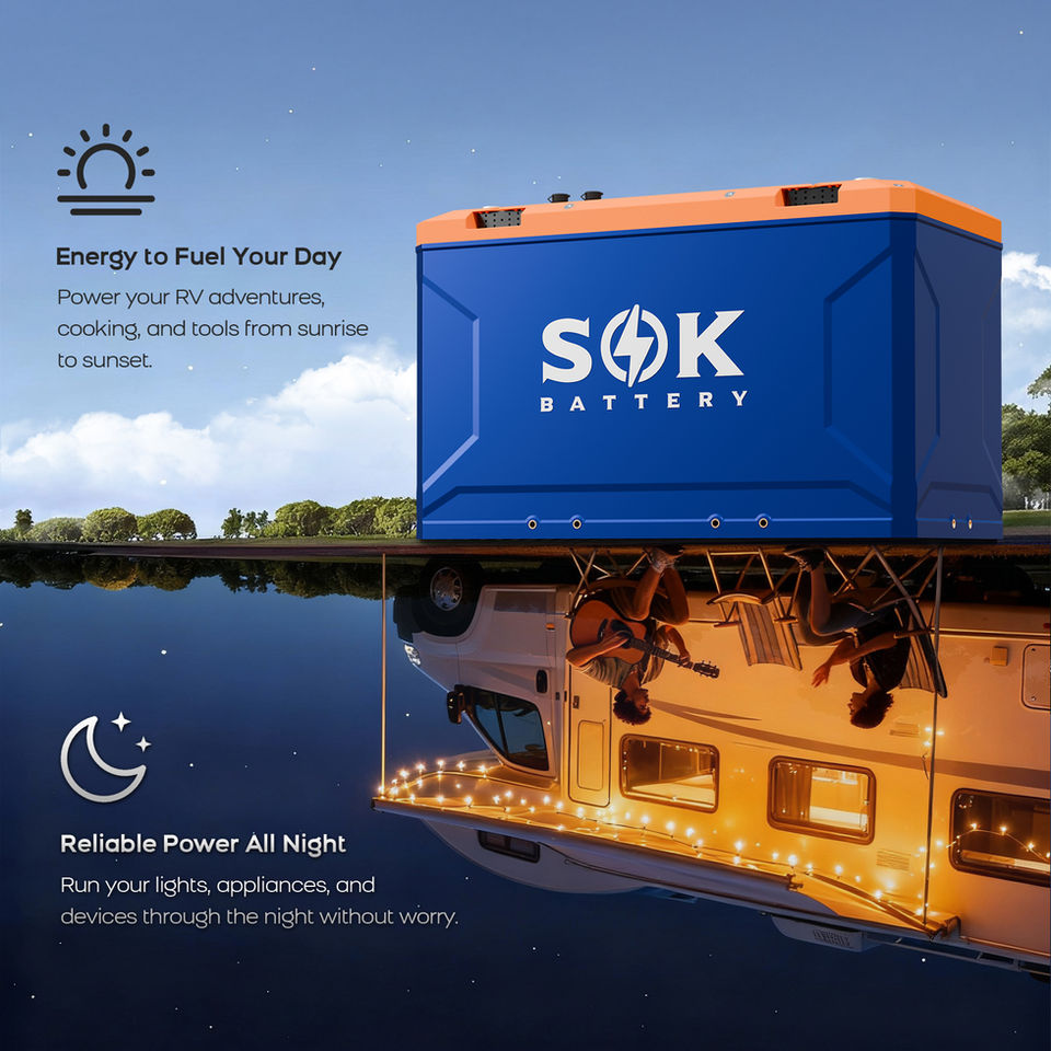 SOK 12V 314Ah LiFePO4 battery bank installed inside a heavy duty luxury camper van electrical system.