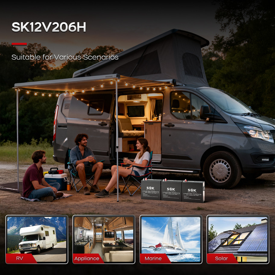 SOK 12V 206Ah heated lithium battery with metal case installed in a camper van power bank.