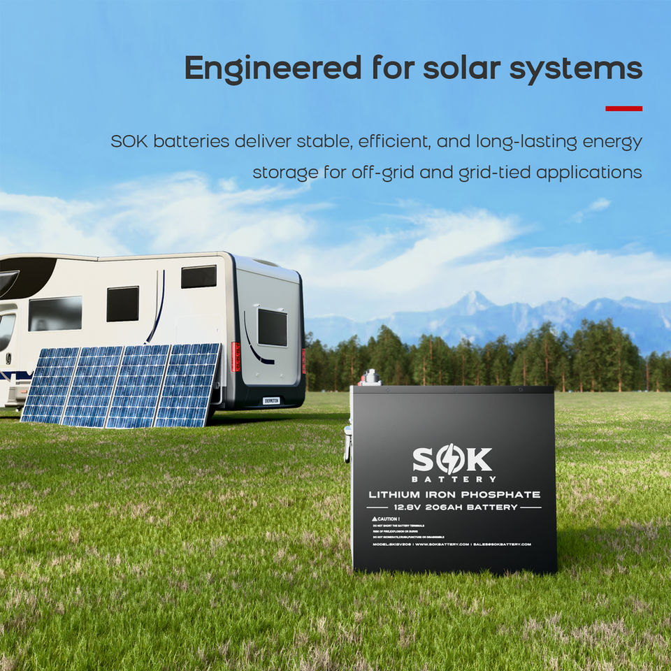 Off grid solar system setup featuring SOK 12V 206Ah marine grade lithium battery in an overland rig.