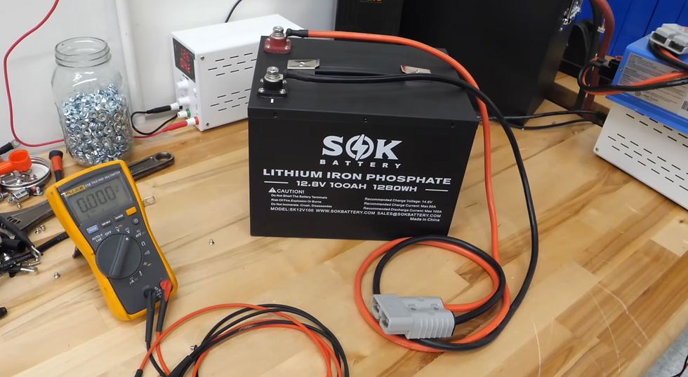Test de spanning van een SOK 12V LiFePO4-batterij met een multimeter.