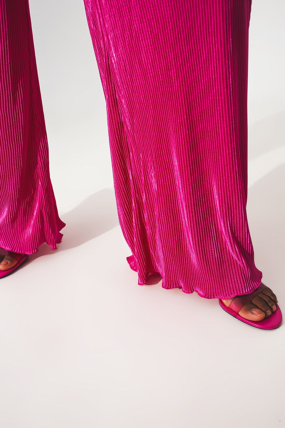 Thumbnail: Satin Halter Neck Pleated Maxi Jumpsuit in Fuchsia