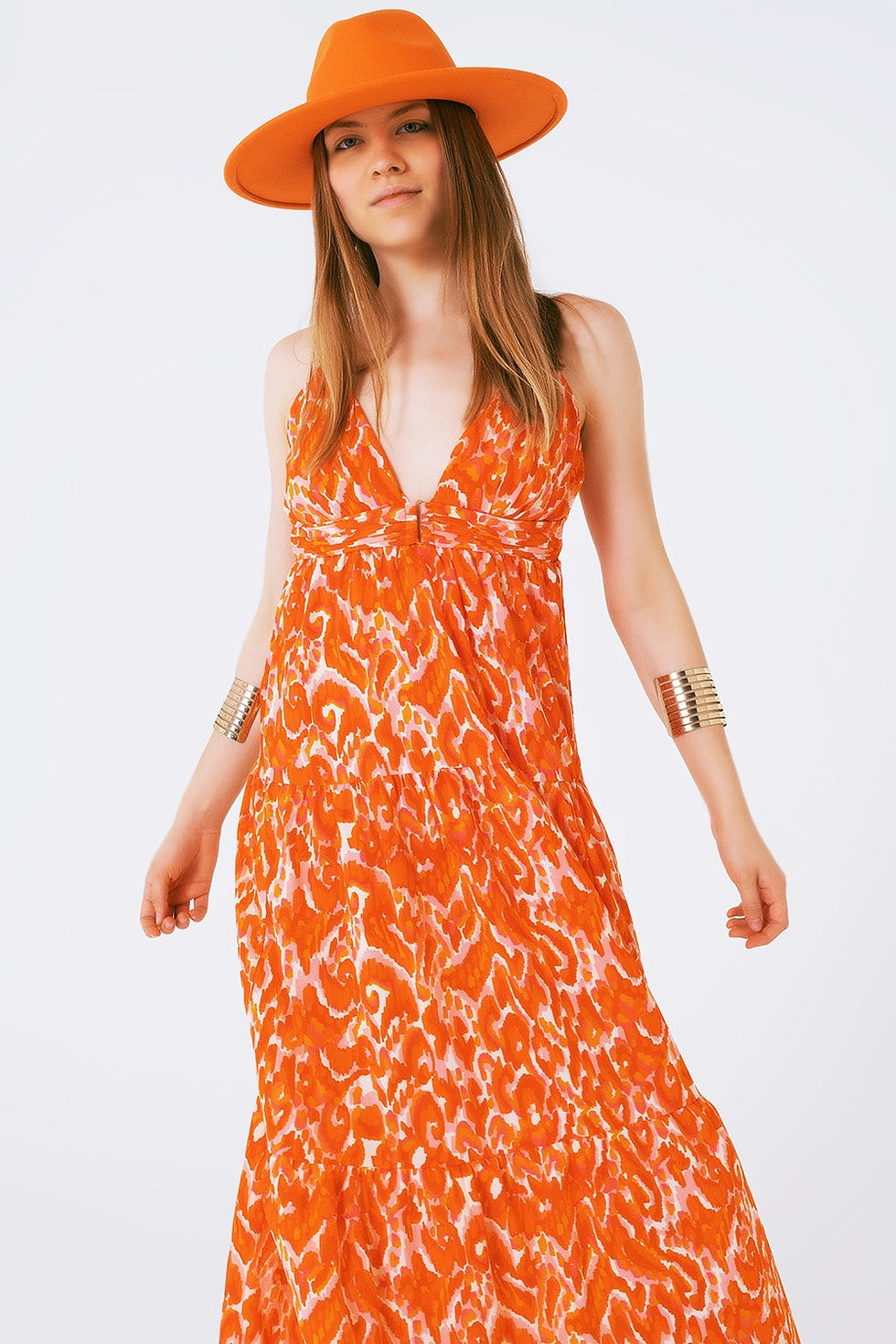Miniatura: Floral Print Maxi Dress With v Neck in Orange