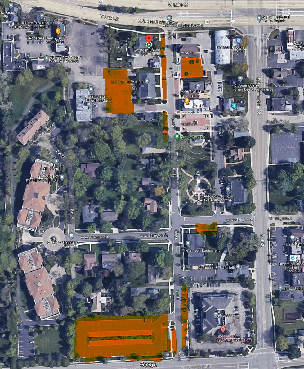 Parking Map - orange/red highlights are recommended parking locatons for patrons. There is additional parking available beyond the outline of this map.