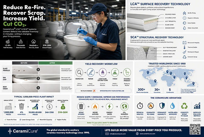 CeramiCure® LCA™ and SCA™ repair systems case study infographic showing CO2 savings, yield recovery workflow, and ROI data