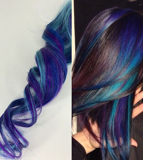 100% Human Hair Bright Turquoise Teal Purple Blue Strip Clip  display picture 1