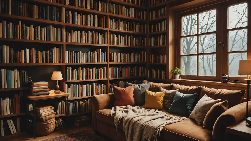 Close-up view of a cozy reading nook filled with books