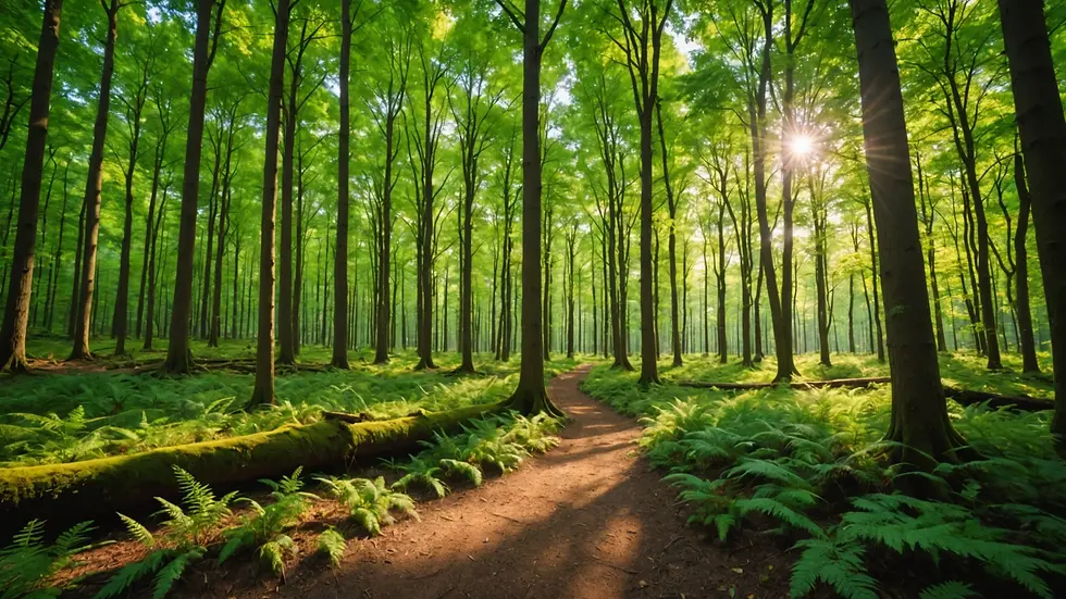 Wide angle view of a tranquil forest scene emphasizing biophilic design principles
