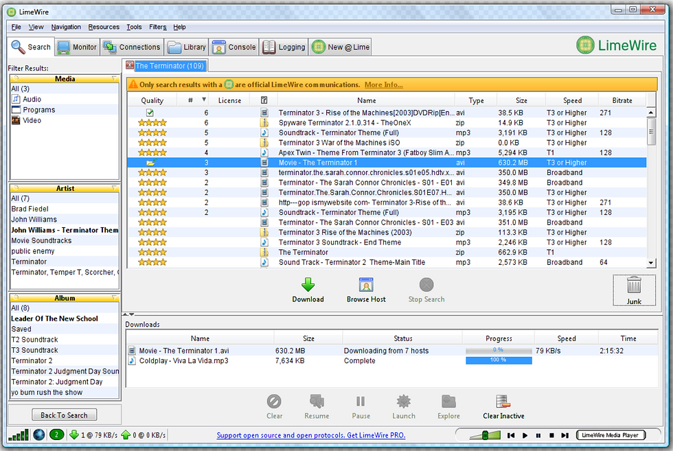 Image of the LimeWire interface from the early 2000s, used for P2P file sharing aka torrent downloading or downloading. (wikipedia)