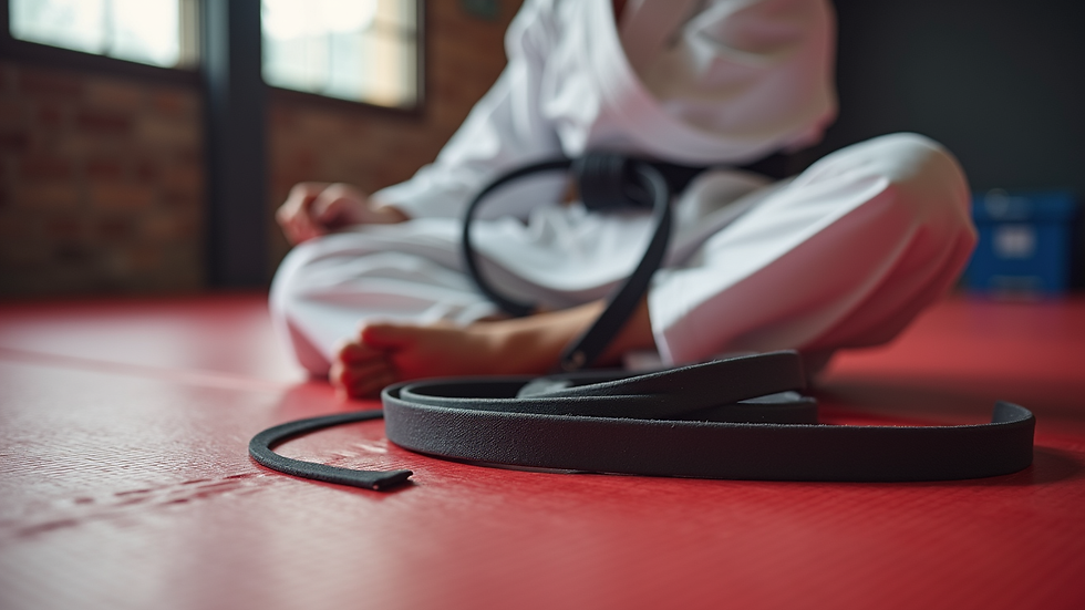 Close-up view of a martial arts belt and gi on a training mat