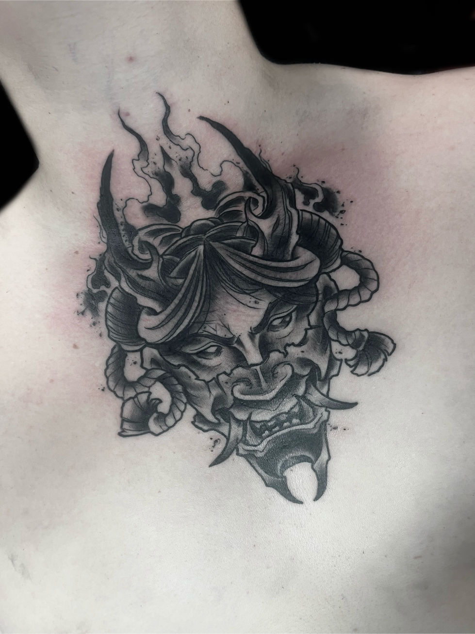Hannya mask tattoo by Pat Bateman