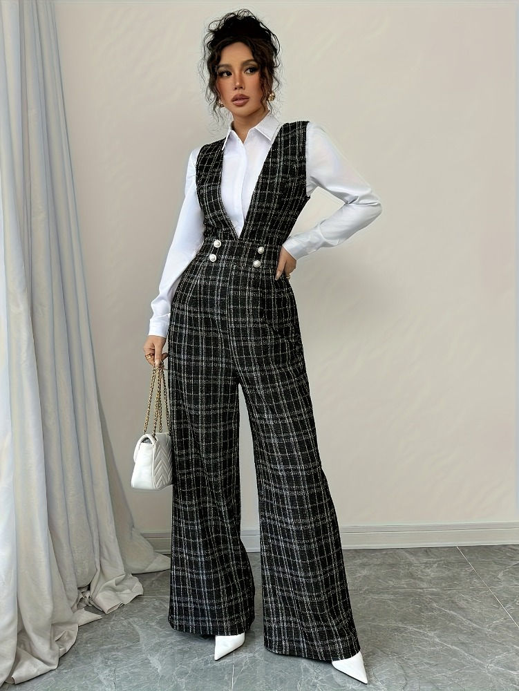 Women High Waist Wide Leg Plaid Tweed Jumpsuit Vest Style Double Breasted Pearl