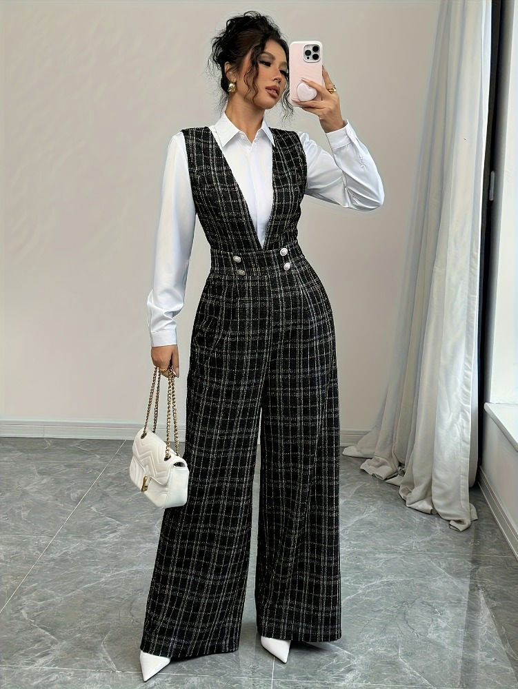 Women High Waist Wide Leg Plaid Tweed Jumpsuit Vest Style Double Breasted Pearl