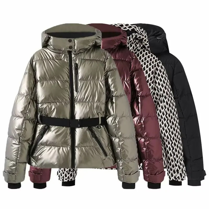 Women's Winter Hooded High Waist Padded Sport Parkas Coats with Belt Female Eleg
