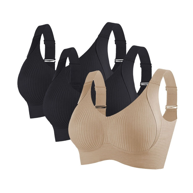 Thumbnail: 3Pcs/Set Women's Push-Up Bra Non-wire Lift Bra Seamless Underwear V-Neck Ribbed 