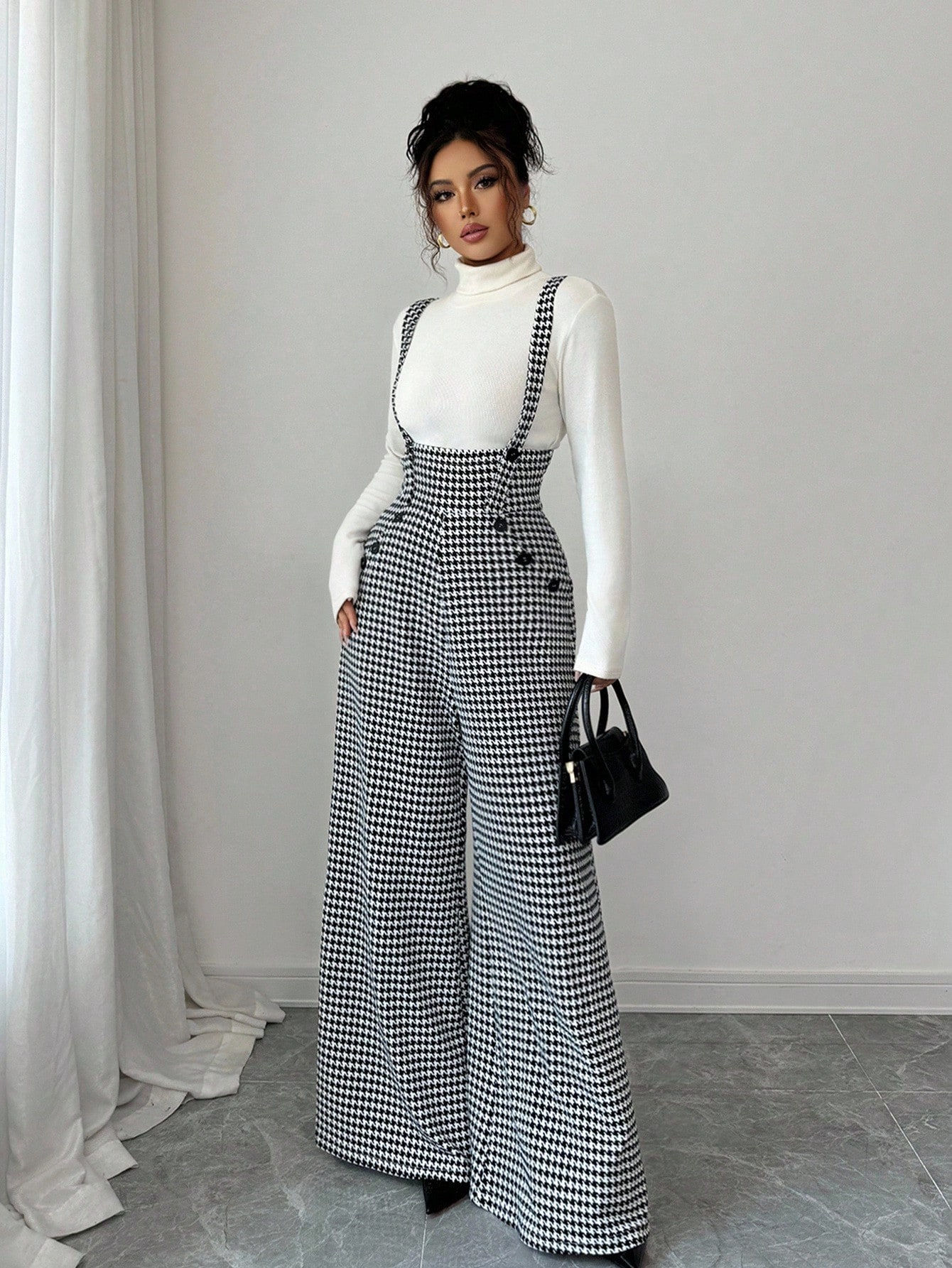 Overalls for Women's Winter Jumpsuit Black White Vintage Wide Leg Suspender Pant