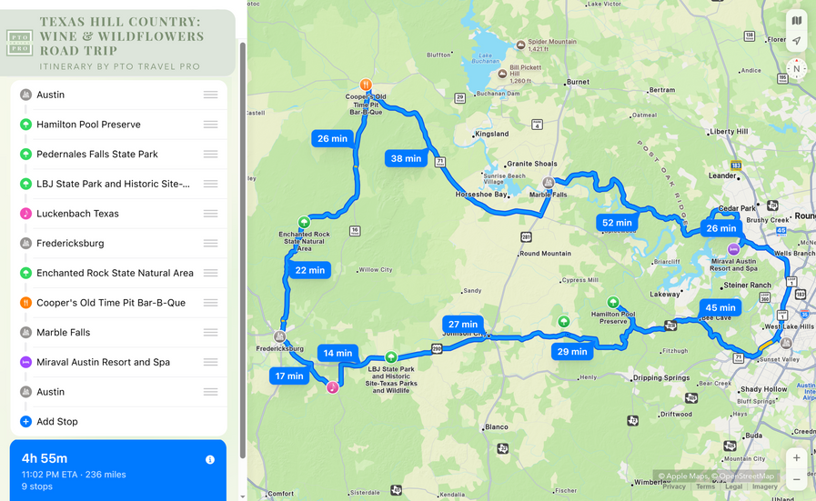 Texas Hill Country Road Trip Map by PTO Travel Pro
