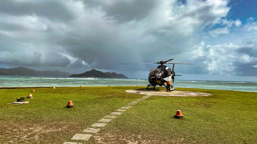 Helicopter landing on La Digue in the Seychelles