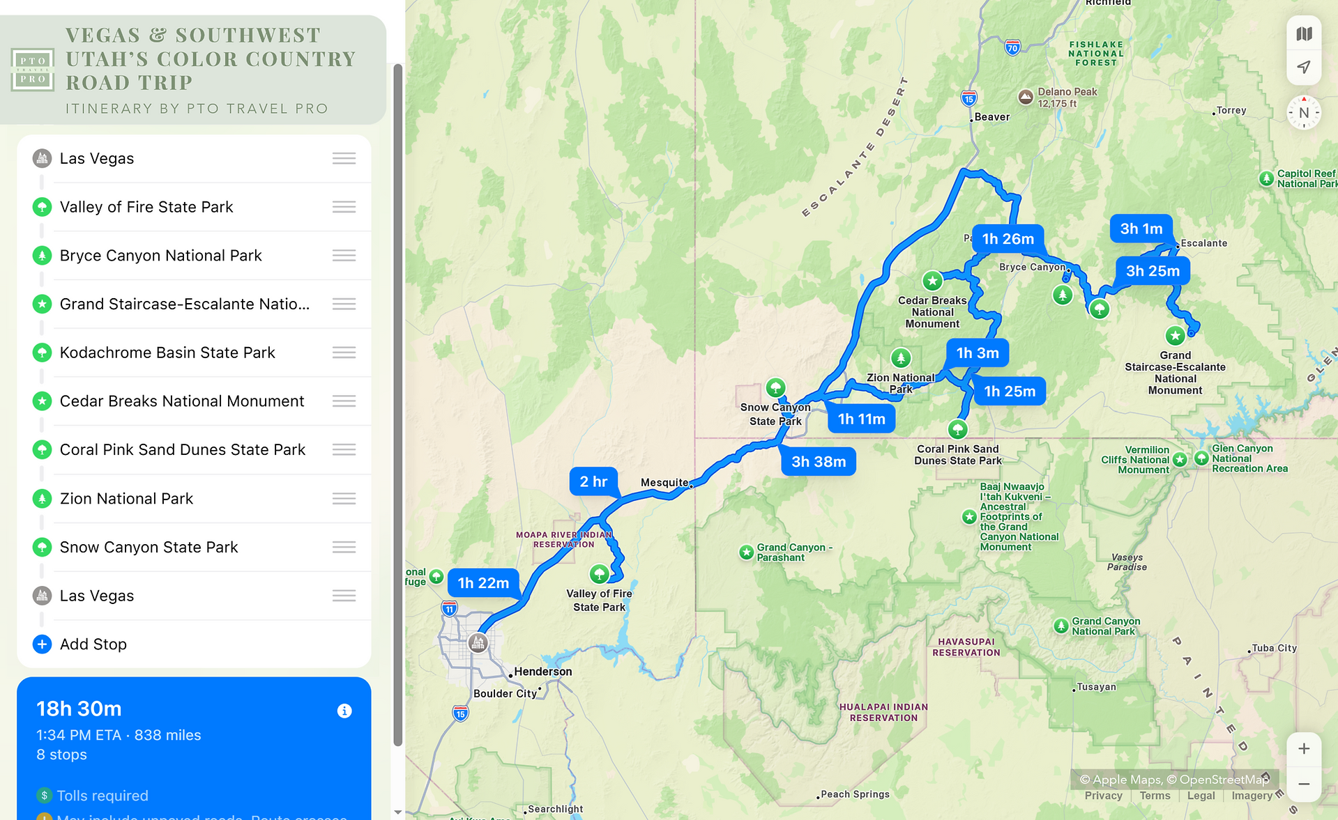 Vegas & Southwest Utah Road Trip Map by PTO Travel Pro