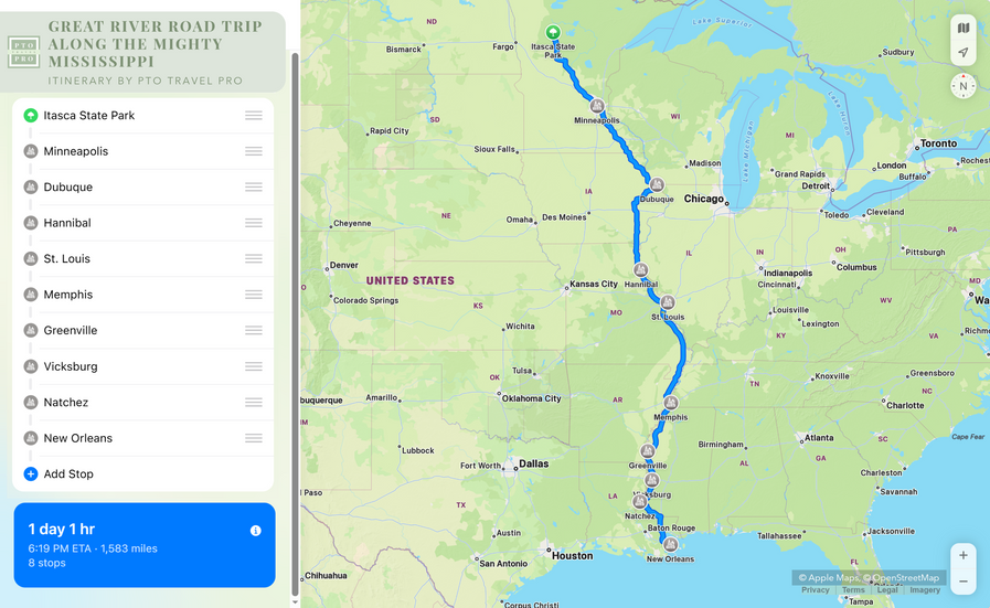 Great River Road Trip Map by PTO Travel Pro