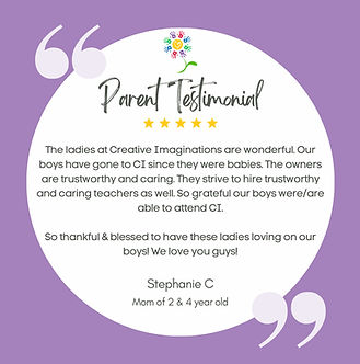 A parent testimonial with the Creative Imaginations Logo and A purple background with light purple quotation marks