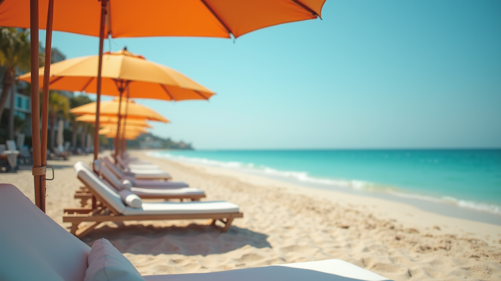 Close-up view of beach rental amenities including chairs and umbrellas