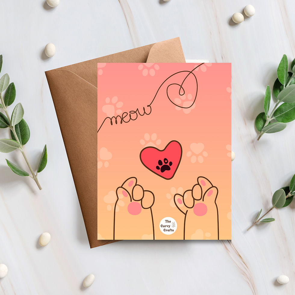 Cute cat love greeting card with hugging cartoon cats, red hearts, and text “I Meow You” – romantic card for anniversaries, V