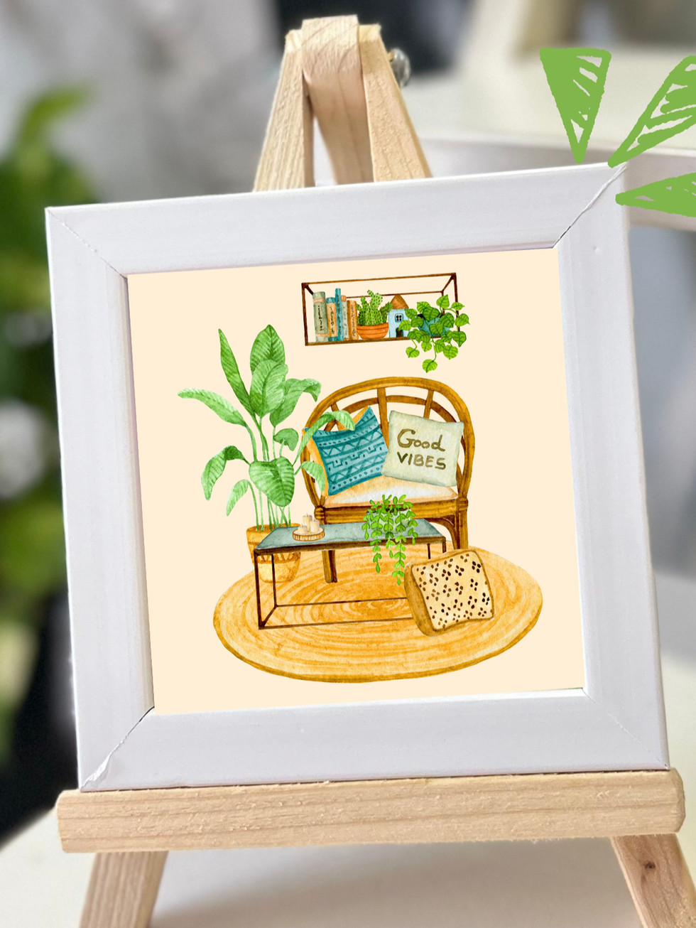 Cute mini art print for home decor with chair, plants, and bookshelf