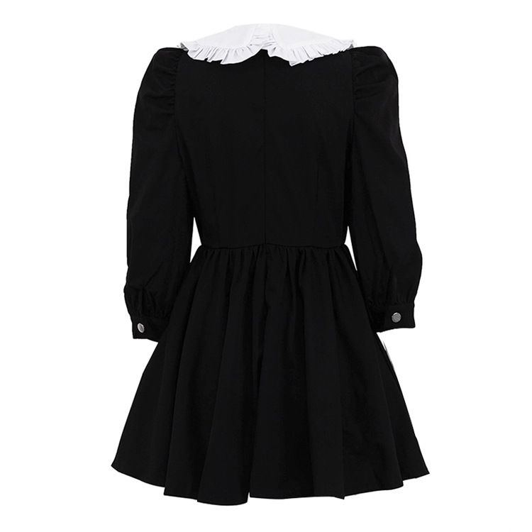 Women Elegant Doll Collar Mini Dress Casual V-neck Full Puffed Sleeve Waist Cinc